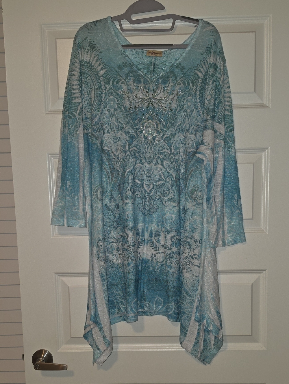 Srudio Gem Aqua Paisley Asymmetrical Tunic with Embellished V-Neck